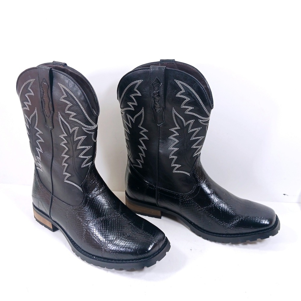 Black Faux Snakeskin Western Cowboy Boots Square Toe Lug Sole‎ Mens 11 2314-1